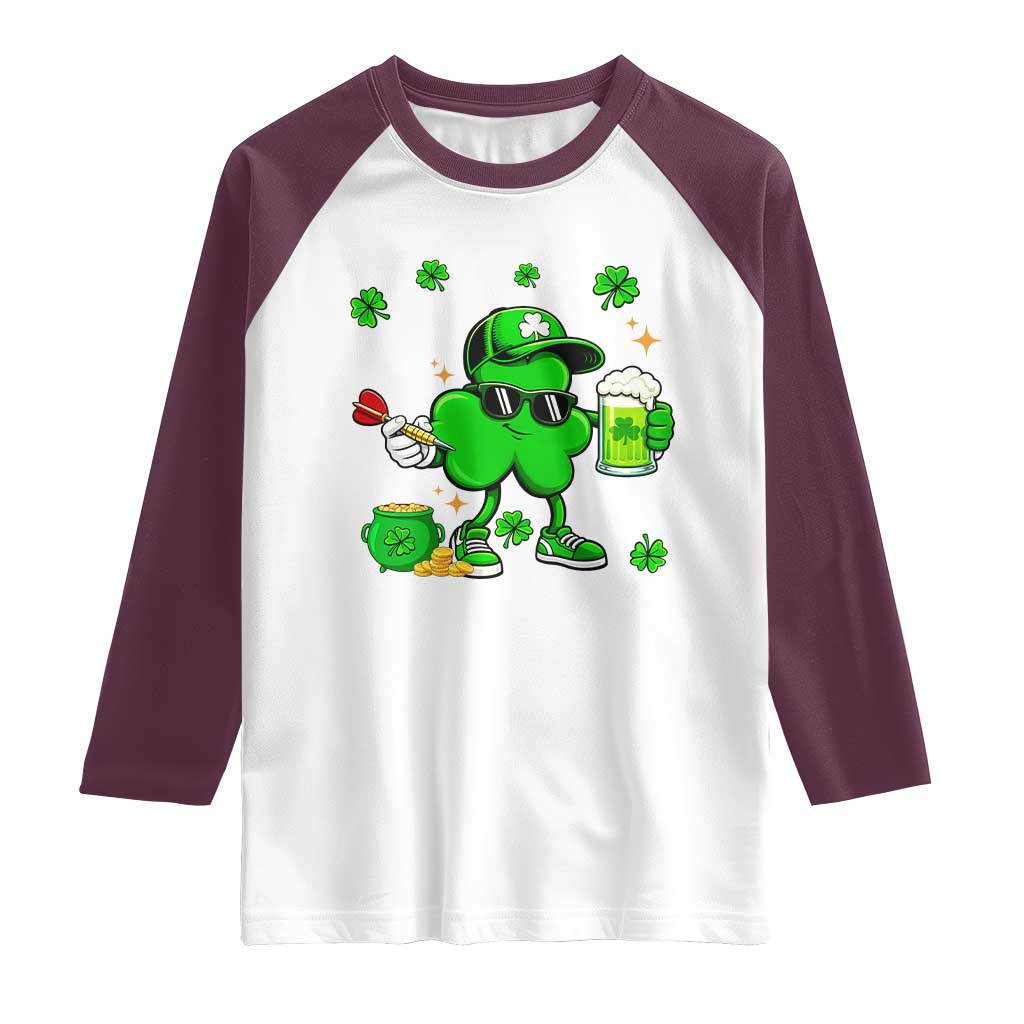 St Patricks Day Shamrock Darts And Beer Lover Gift Raglan Shirt TS12 White Maroon Print Your Wear