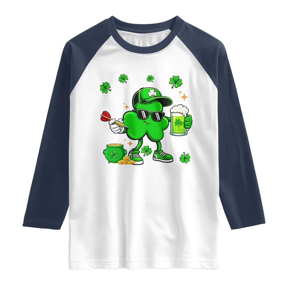St Patricks Day Shamrock Darts And Beer Lover Gift Raglan Shirt TS12 White Navy Print Your Wear