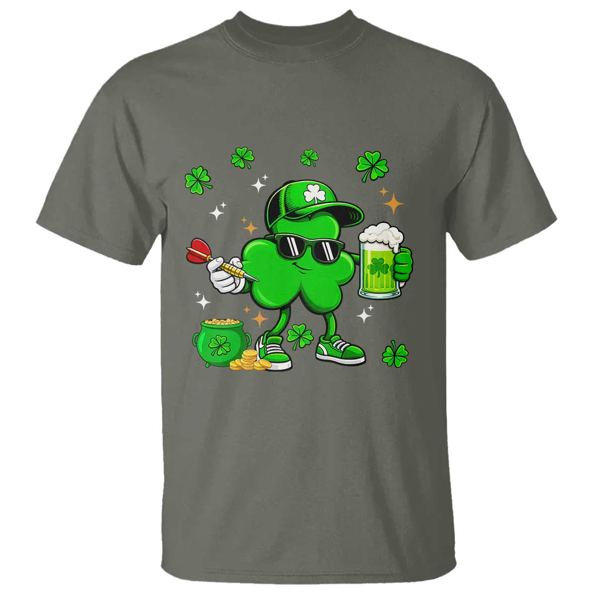 St Patricks Day Shamrock Darts And Beer Lover Gift T Shirt TS12 Military Green Print Your Wear