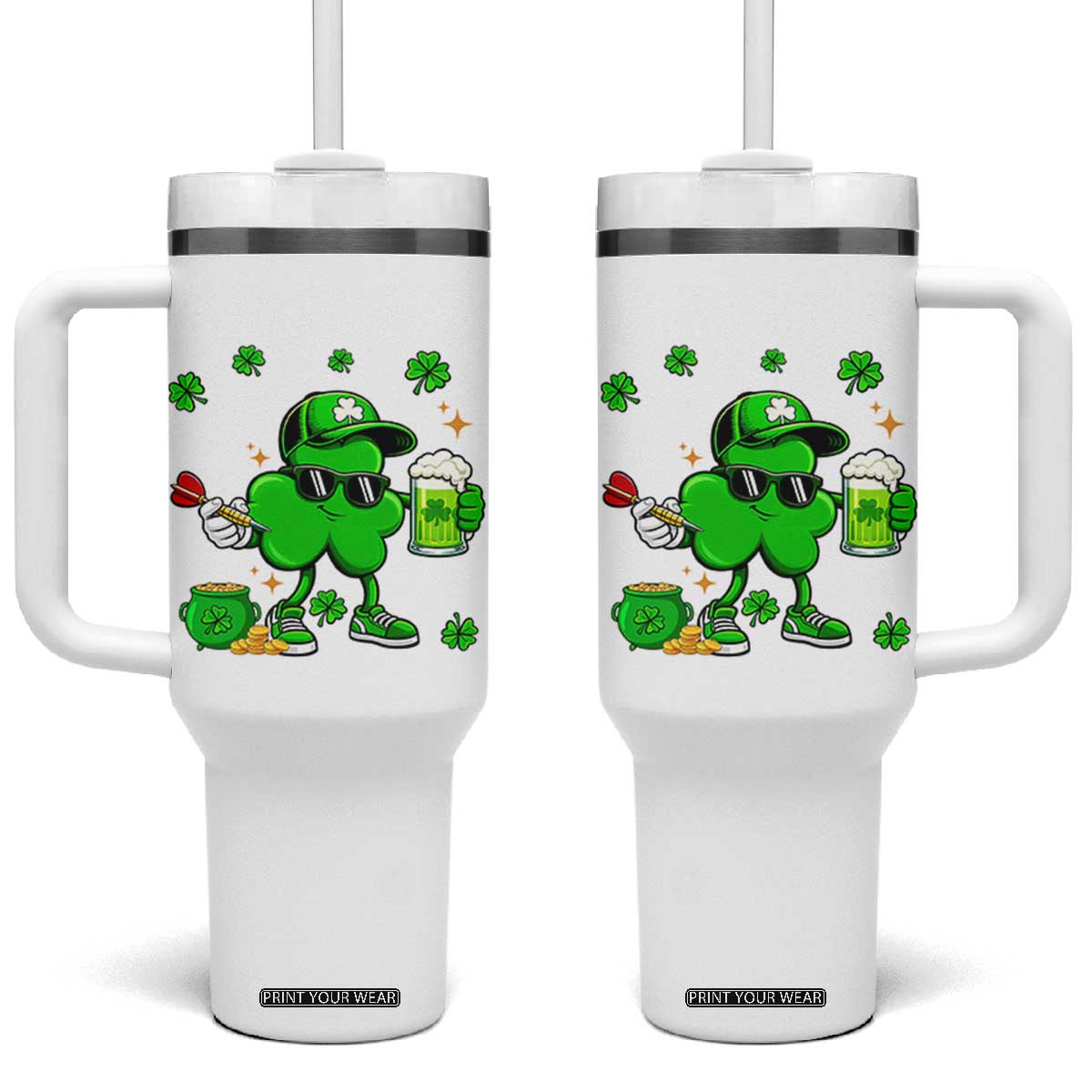 St Patricks Day Shamrock Darts And Beer Lover Gift Tumbler With Handle TS12 One Size: 40 oz White Print Your Wear
