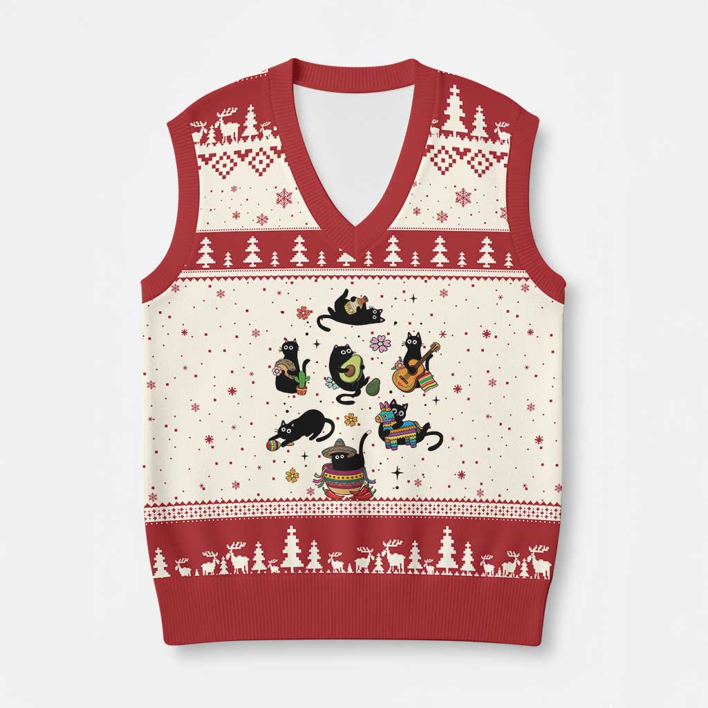 Funny Black Cat Lover Cinco De Mayo V-Neck Knit Sweater Vest Mexican Fiesta Gift TS12 Beige Red Print Your Wear