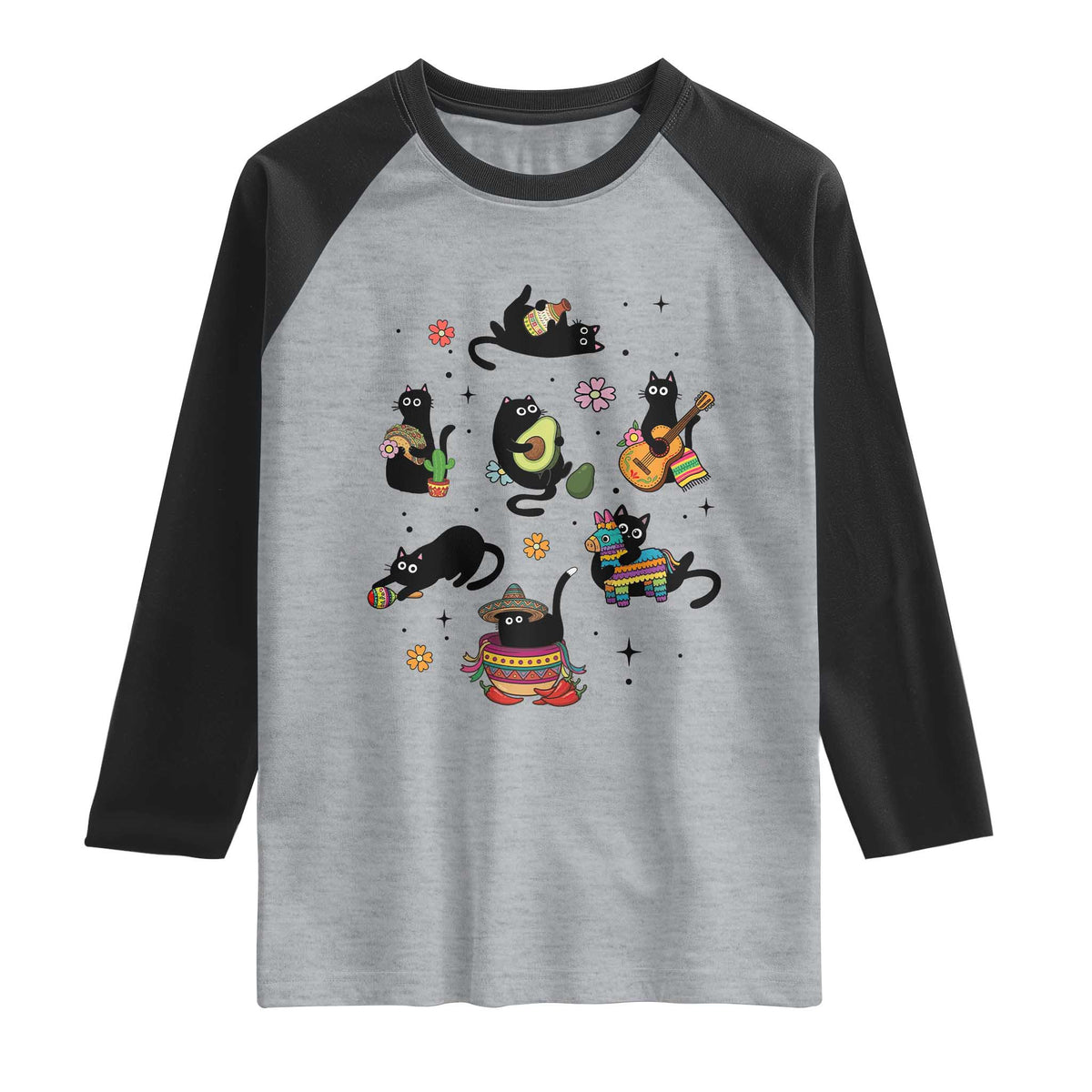 Funny Black Cat Lover Cinco De Mayo Raglan Shirt Mexican Fiesta Gift TS12 Heather Gray Black Print Your Wear