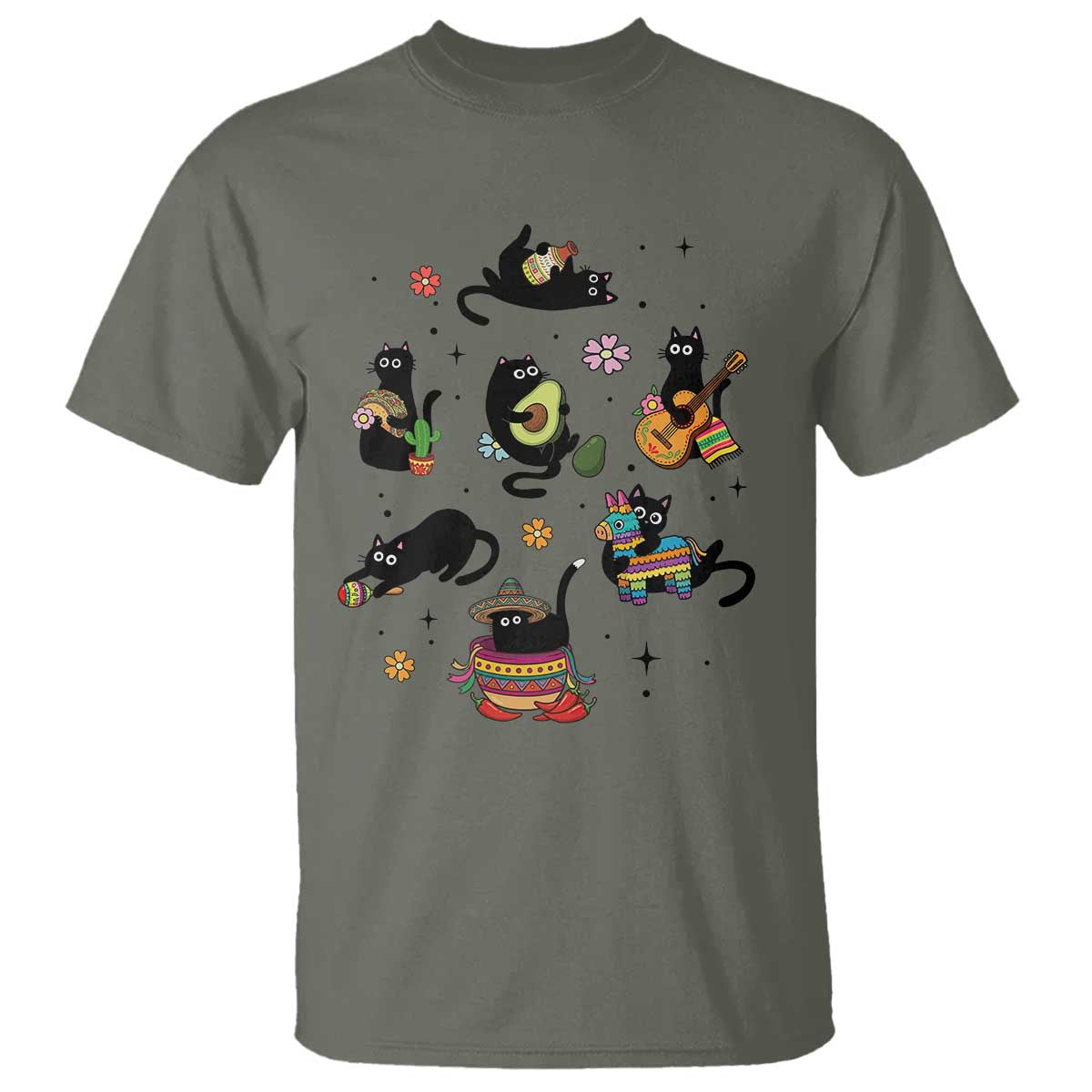 Funny Black Cat Lover Cinco De Mayo T Shirt Mexican Fiesta Gift TS12 Military Green Print Your Wear