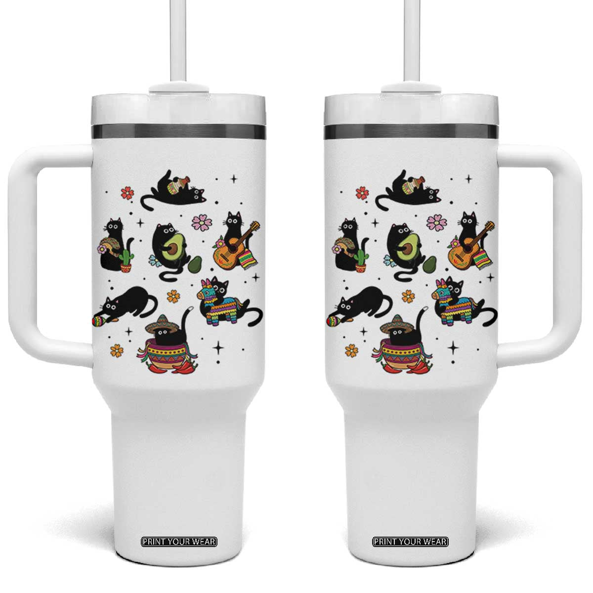 Funny Black Cat Lover Cinco De Mayo Tumbler With Handle Mexican Fiesta Gift TS12 One Size: 40 oz White Print Your Wear