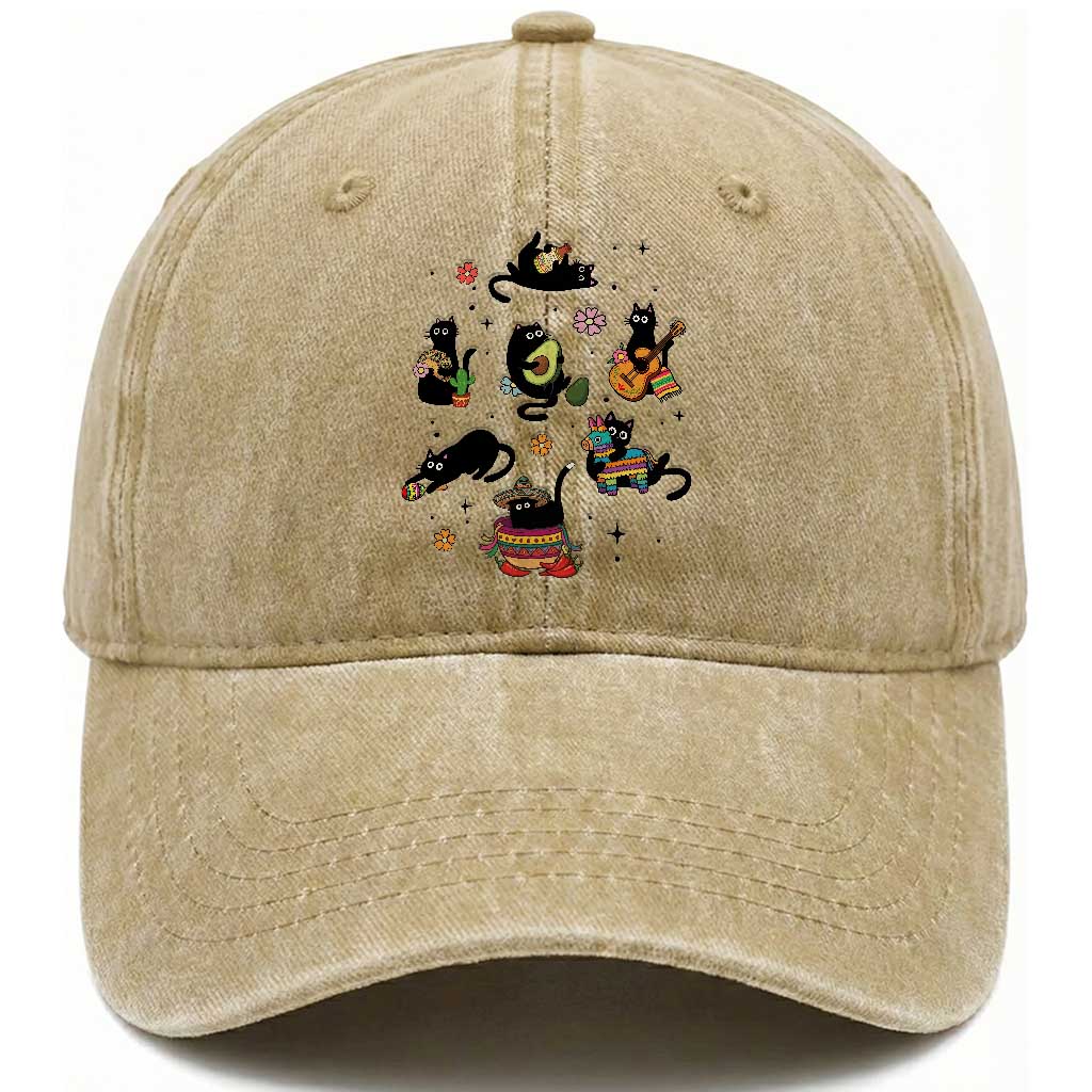 Funny Black Cat Lover Cinco De Mayo Washed Cotton Baseball Cap Mexican Fiesta Gift TS12 Print Your Wear