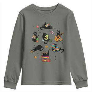 Funny Black Cat Lover Cinco De Mayo Youth Sweatshirt Mexican Fiesta Gift TS12 Military Green Print Your Wear