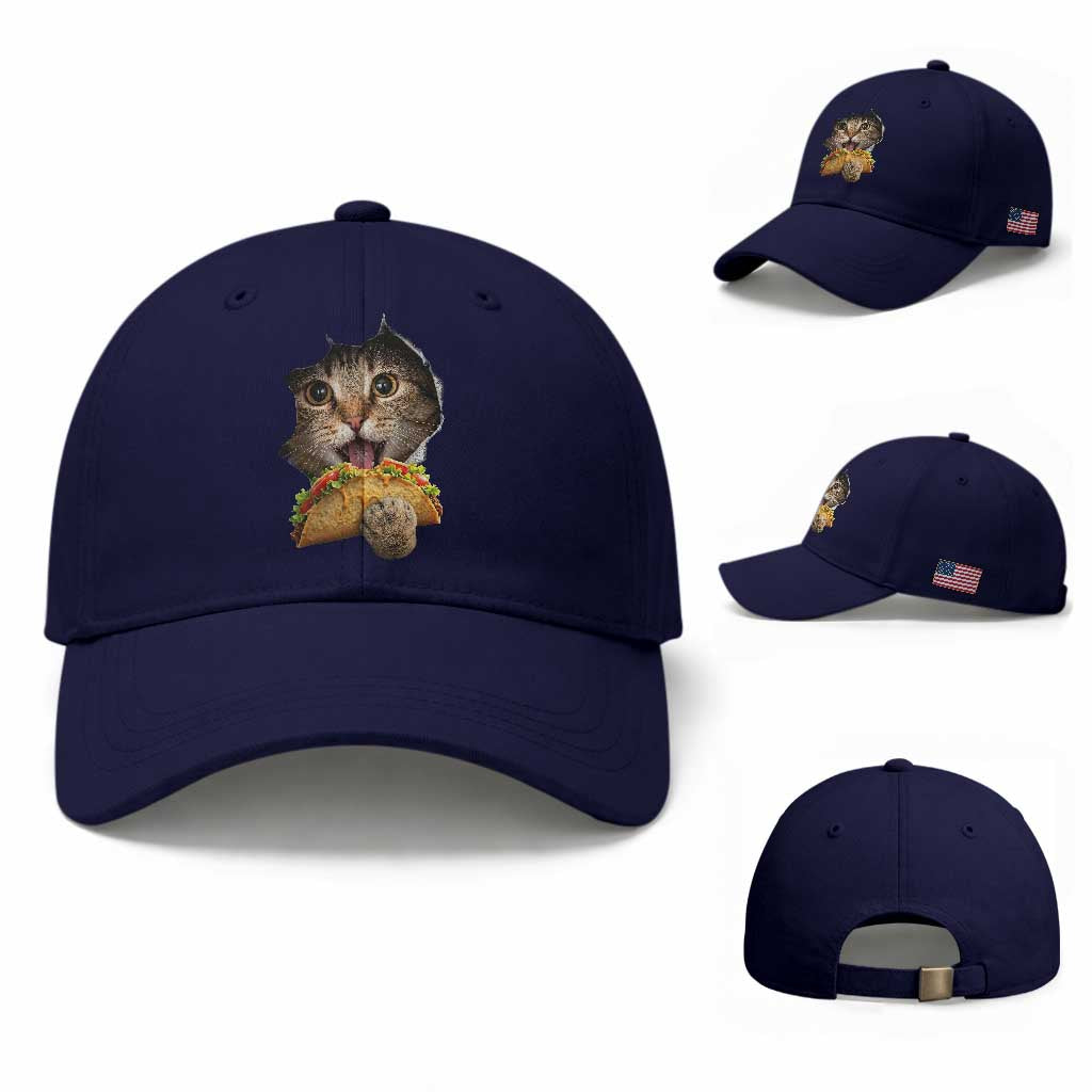 Funny Cat Eating Taco Baseball Cap Mexican Food Lover Gift TS12 Baseball Cap Universal Fit Dark Blue Print Your Wear