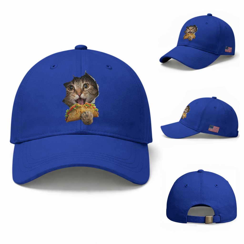 Funny Cat Eating Taco Baseball Cap Mexican Food Lover Gift TS12 Baseball Cap Universal Fit Royal Blue Print Your Wear