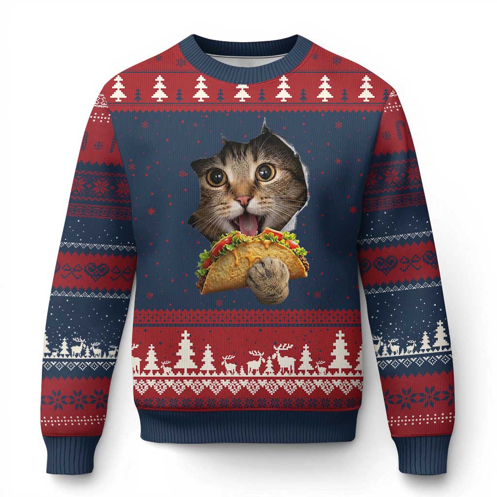 Funny Cat Eating Taco Ugly Christmas Sweater Mexican Food Lover Gift TS12 Navy Red Print Your Wear