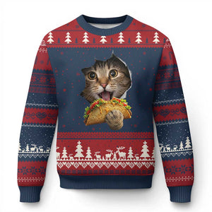 Funny Cat Eating Taco Ugly Christmas Sweater Mexican Food Lover Gift TS12 Navy Red Print Your Wear