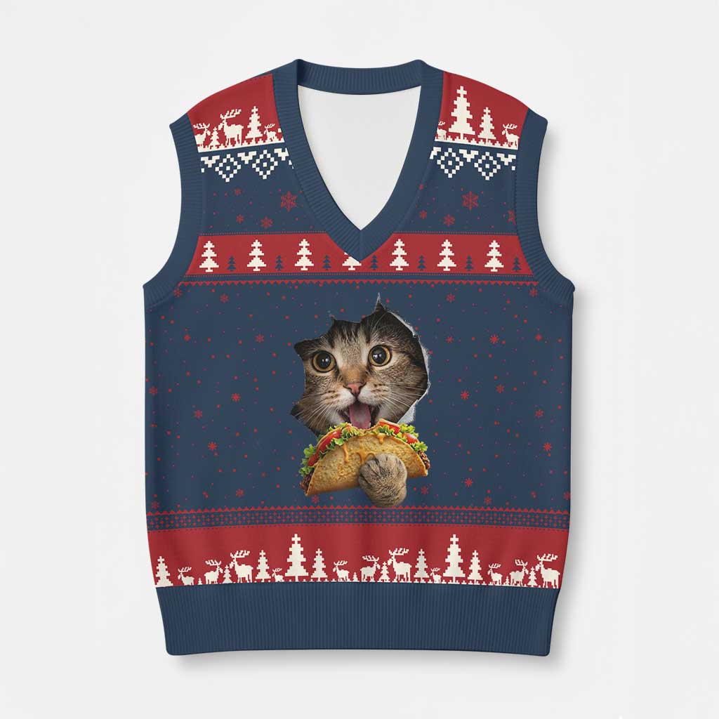 Funny Cat Eating Taco V-Neck Knit Sweater Vest Mexican Food Lover Gift TS12 Navy Red Print Your Wear