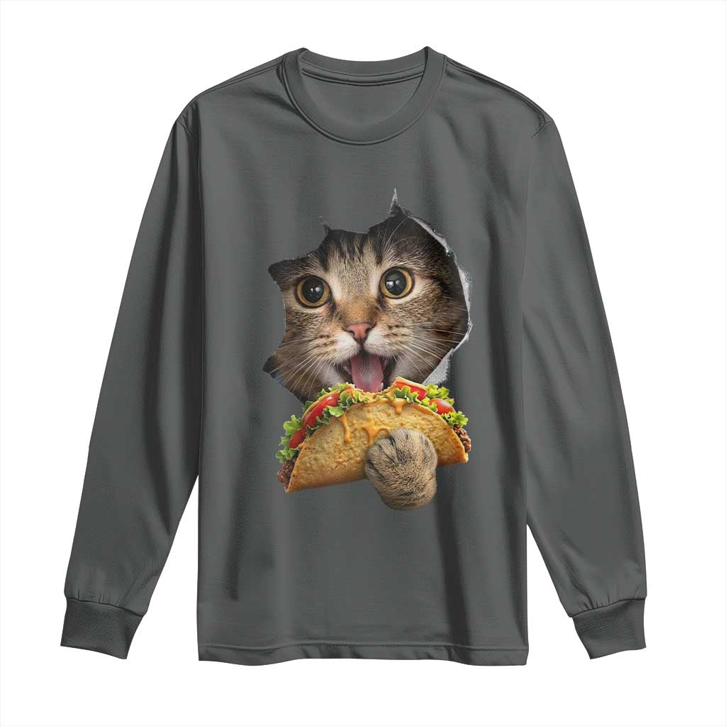 Funny Cat Eating Taco Long Sleeve Shirt Mexican Food Lover Gift TS12 Dark Heather Print Your Wear