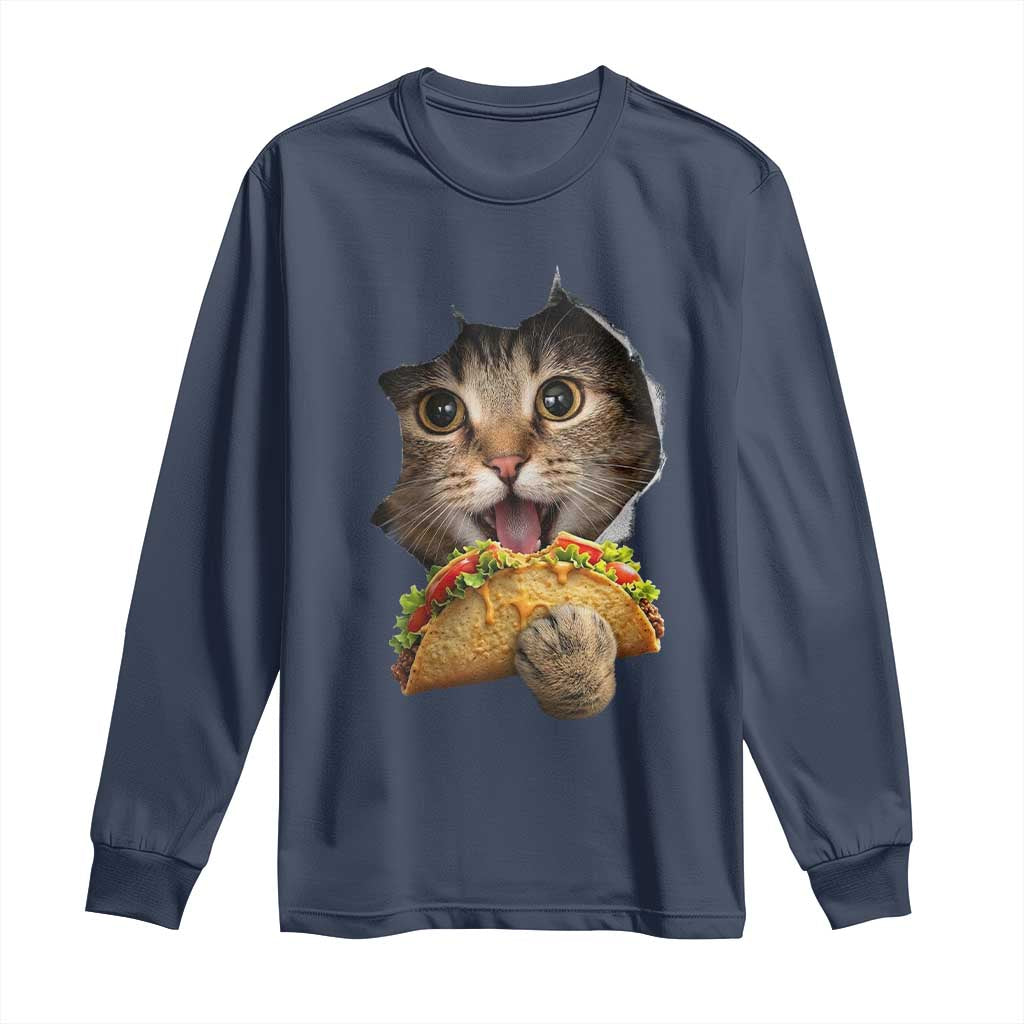 Funny Cat Eating Taco Long Sleeve Shirt Mexican Food Lover Gift TS12 Navy Print Your Wear
