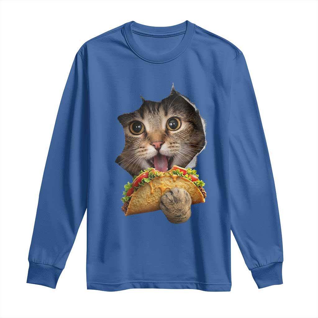 Funny Cat Eating Taco Long Sleeve Shirt Mexican Food Lover Gift TS12 Royal Blue Print Your Wear