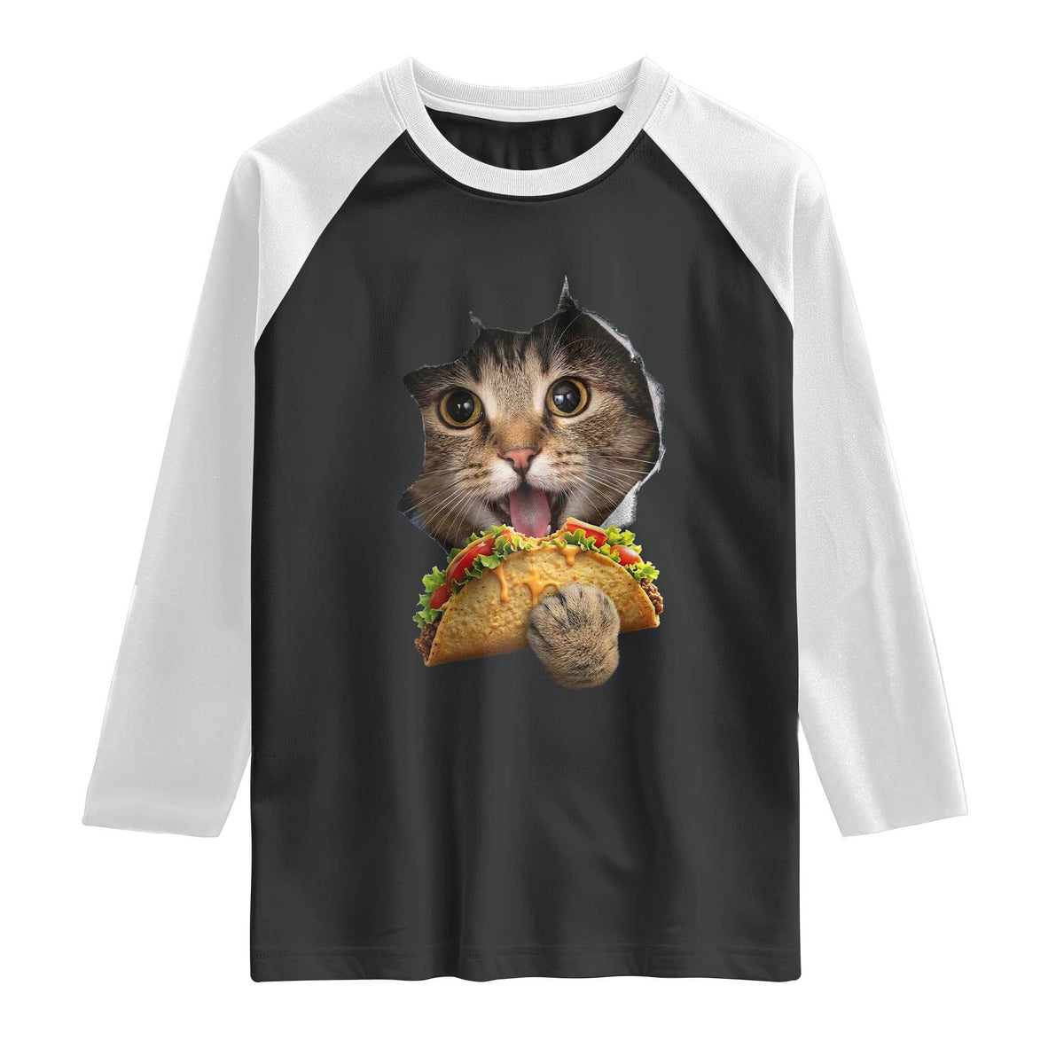 Funny Cat Eating Taco Raglan Shirt Mexican Food Lover Gift TS12 Black White Print Your Wear
