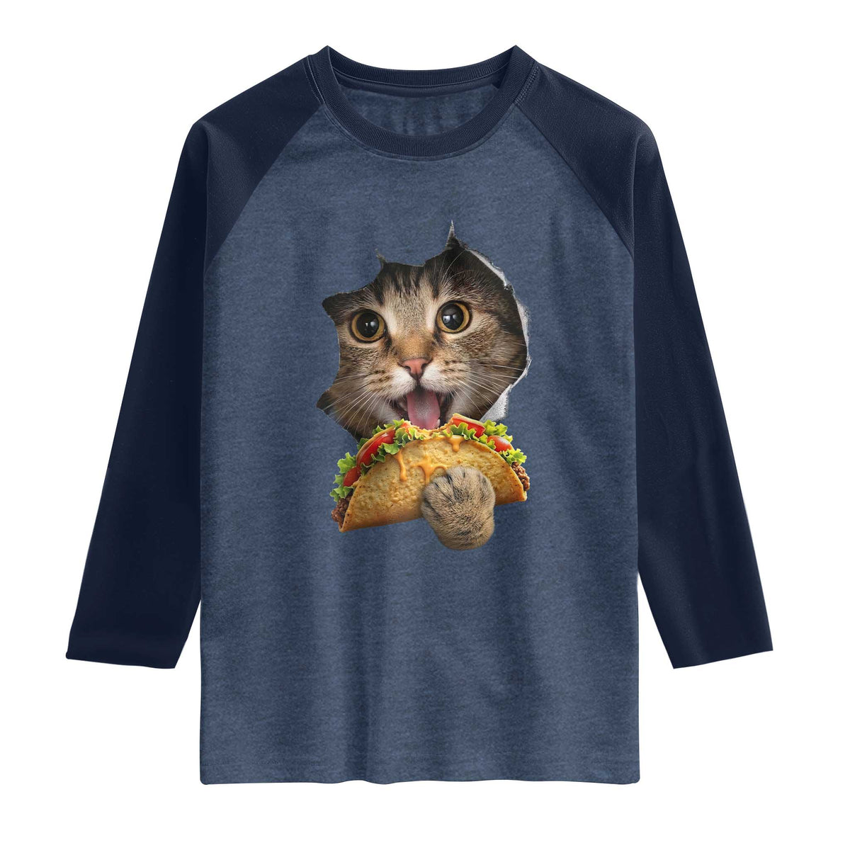 Funny Cat Eating Taco Raglan Shirt Mexican Food Lover Gift TS12 Heather Denim Navy Print Your Wear