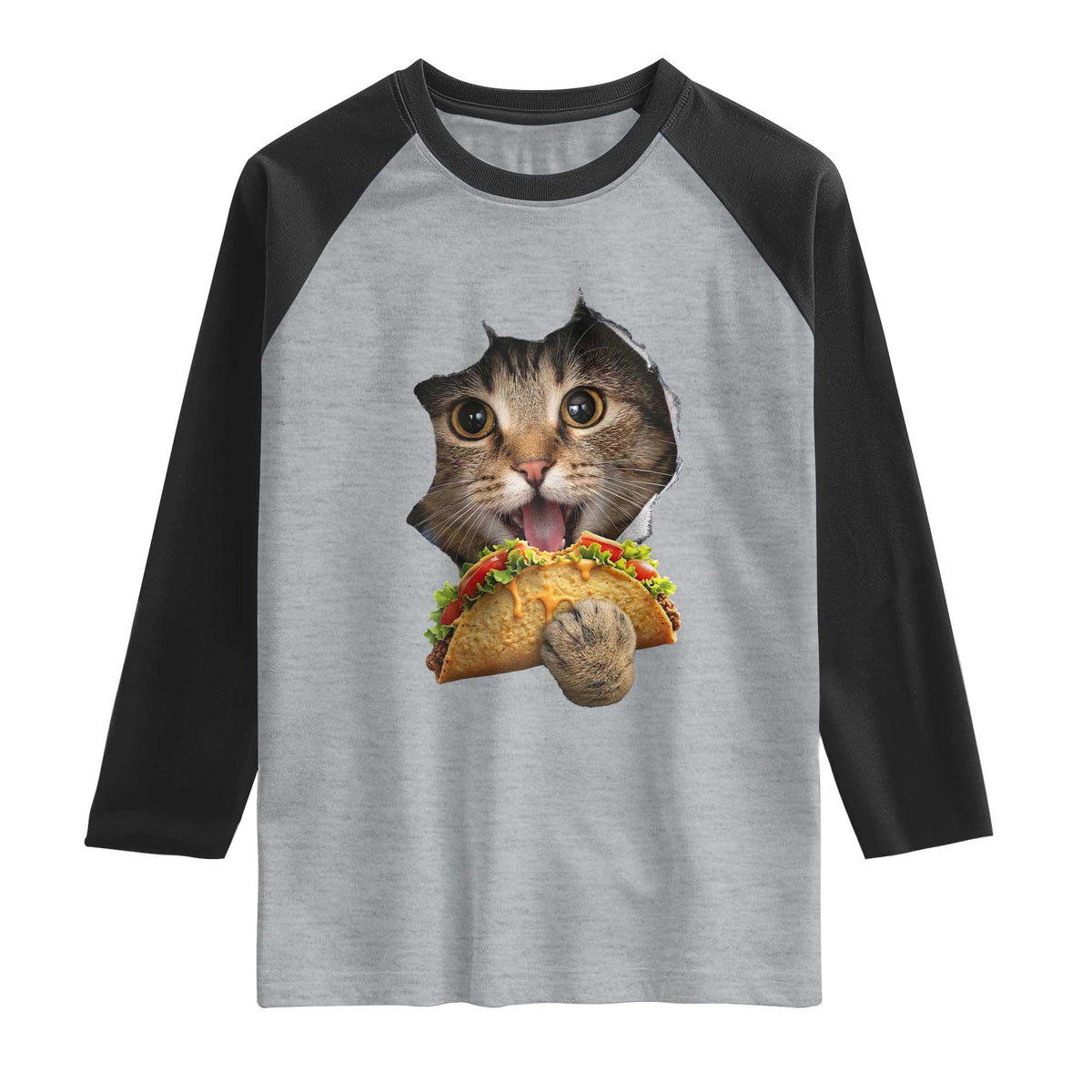 Funny Cat Eating Taco Raglan Shirt Mexican Food Lover Gift TS12 Heather Gray Black Print Your Wear