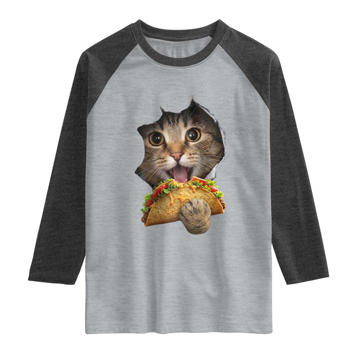 Funny Cat Eating Taco Raglan Shirt Mexican Food Lover Gift TS12 Heather Gray Heather Charcoal Print Your Wear