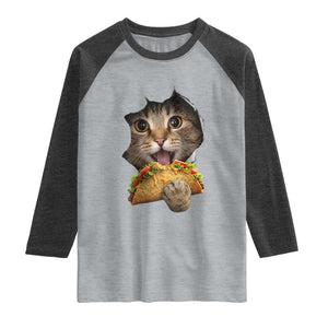 Funny Cat Eating Taco Raglan Shirt Mexican Food Lover Gift TS12 Heather Gray Heather Charcoal Print Your Wear