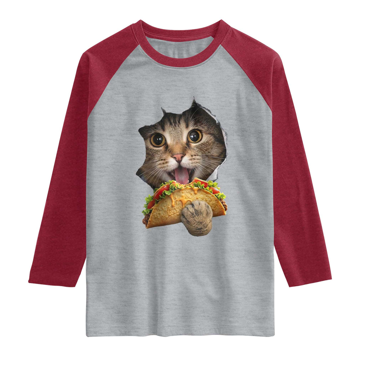 Funny Cat Eating Taco Raglan Shirt Mexican Food Lover Gift TS12 Heather Gray Heather Red Print Your Wear