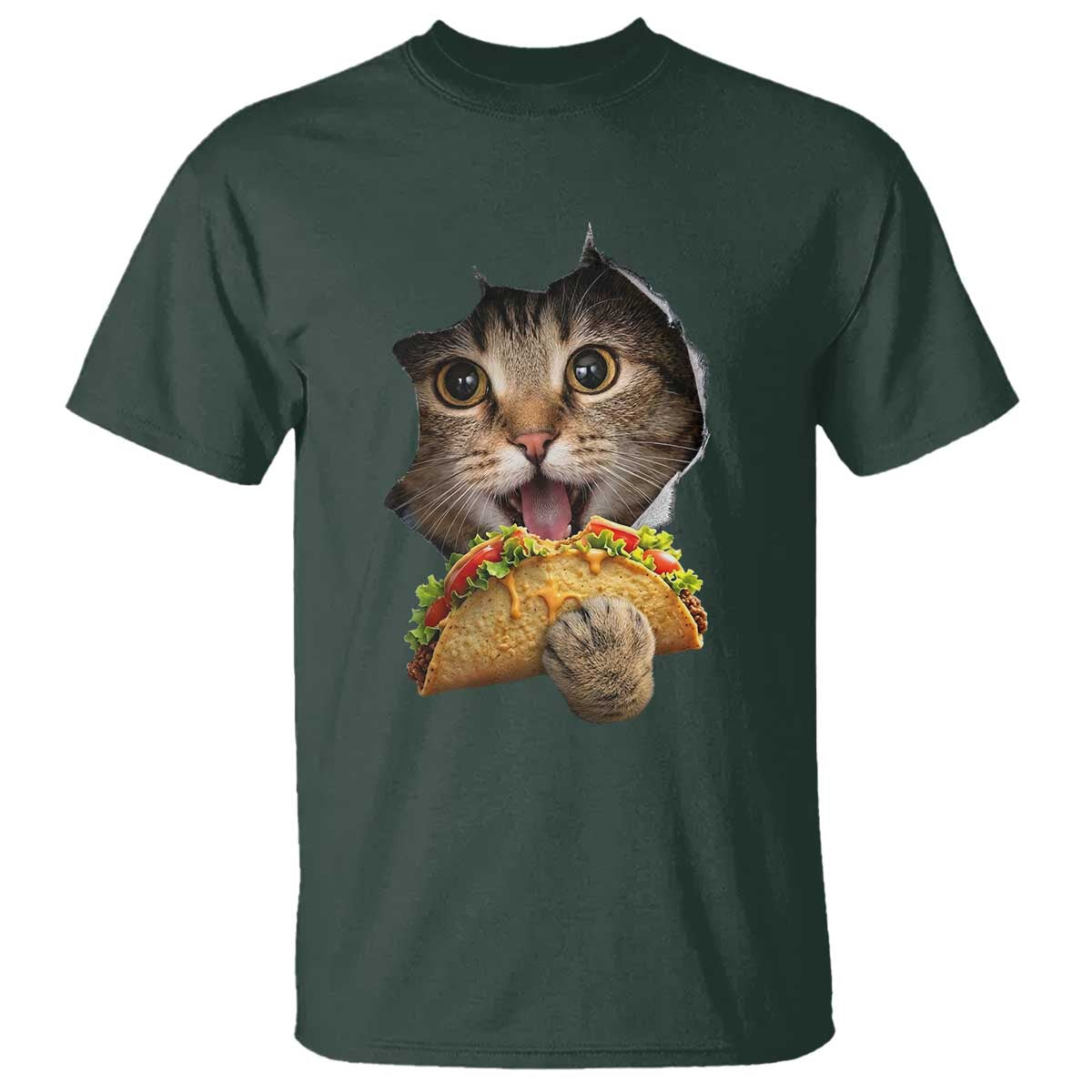 Funny Cat Eating Taco T Shirt Mexican Food Lover Gift TS12 Dark Forest Green Print Your Wear