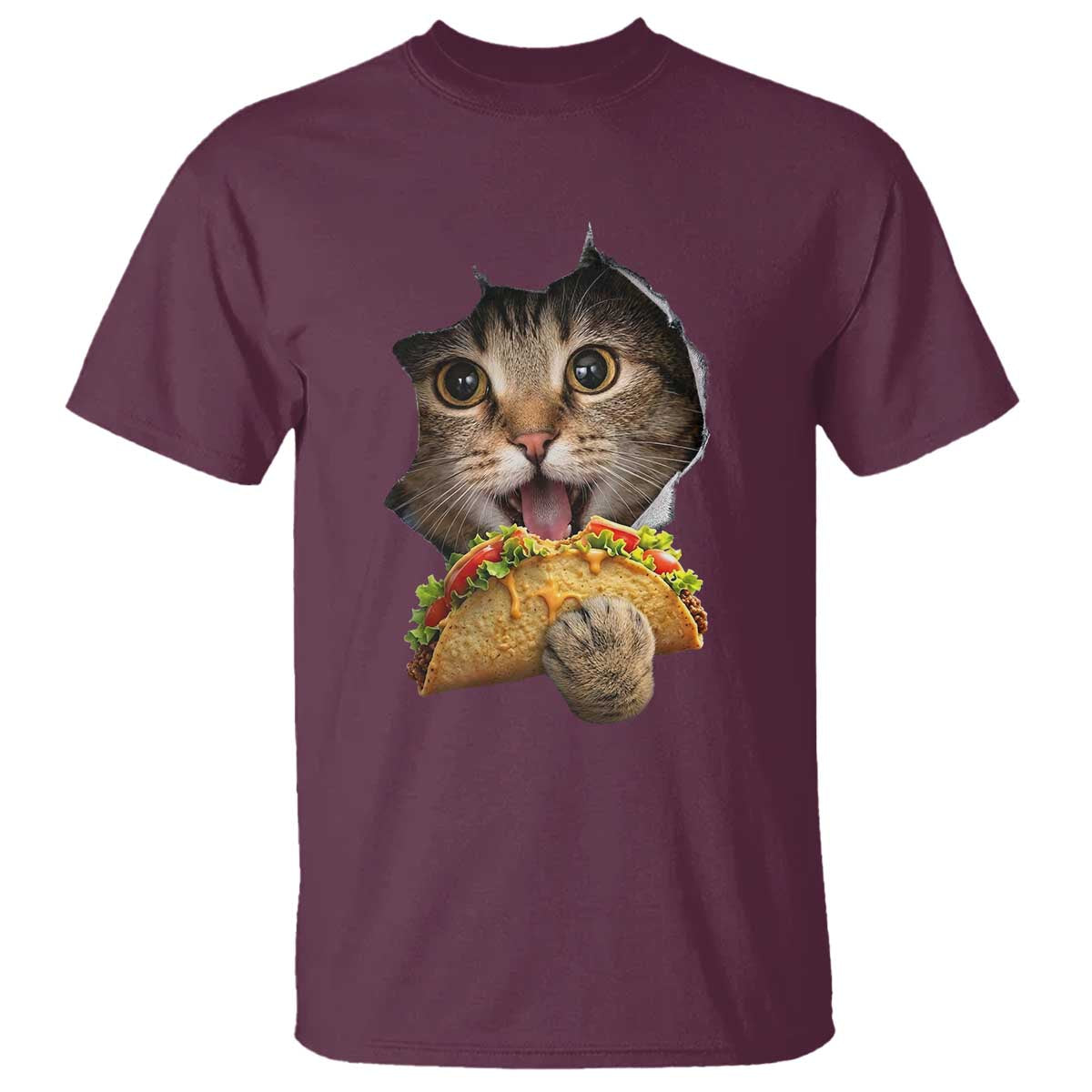 Funny Cat Eating Taco T Shirt Mexican Food Lover Gift TS12 Maroon Print Your Wear