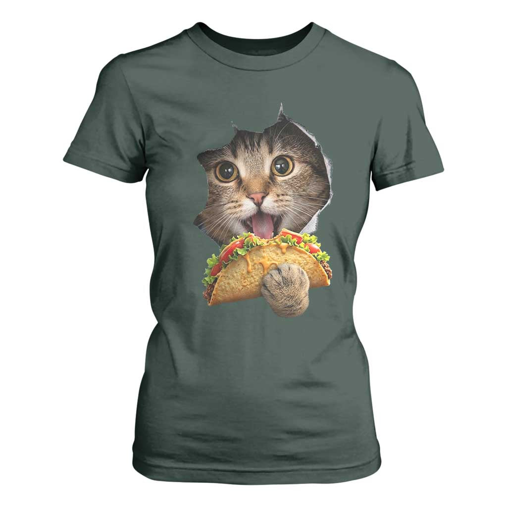 Funny Cat Eating Taco T Shirt For Women Mexican Food Lover Gift TS12 Dark Forest Green Print Your Wear