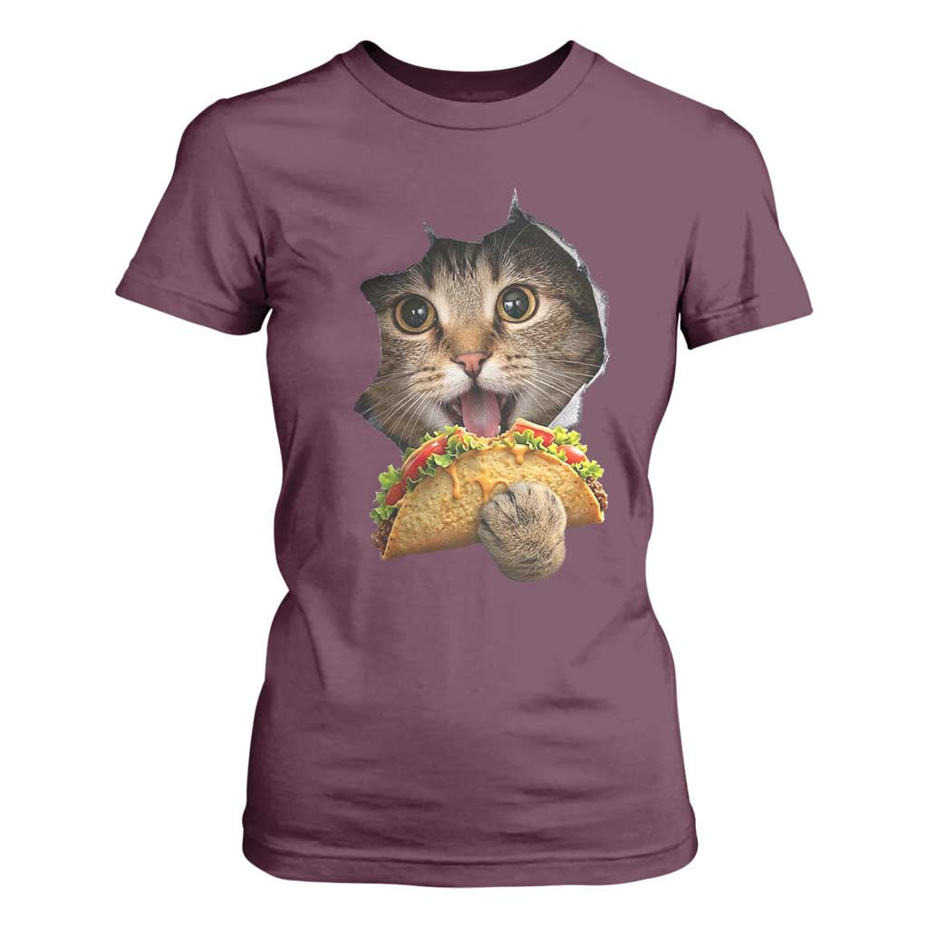 Funny Cat Eating Taco T Shirt For Women Mexican Food Lover Gift TS12 Maroon Print Your Wear