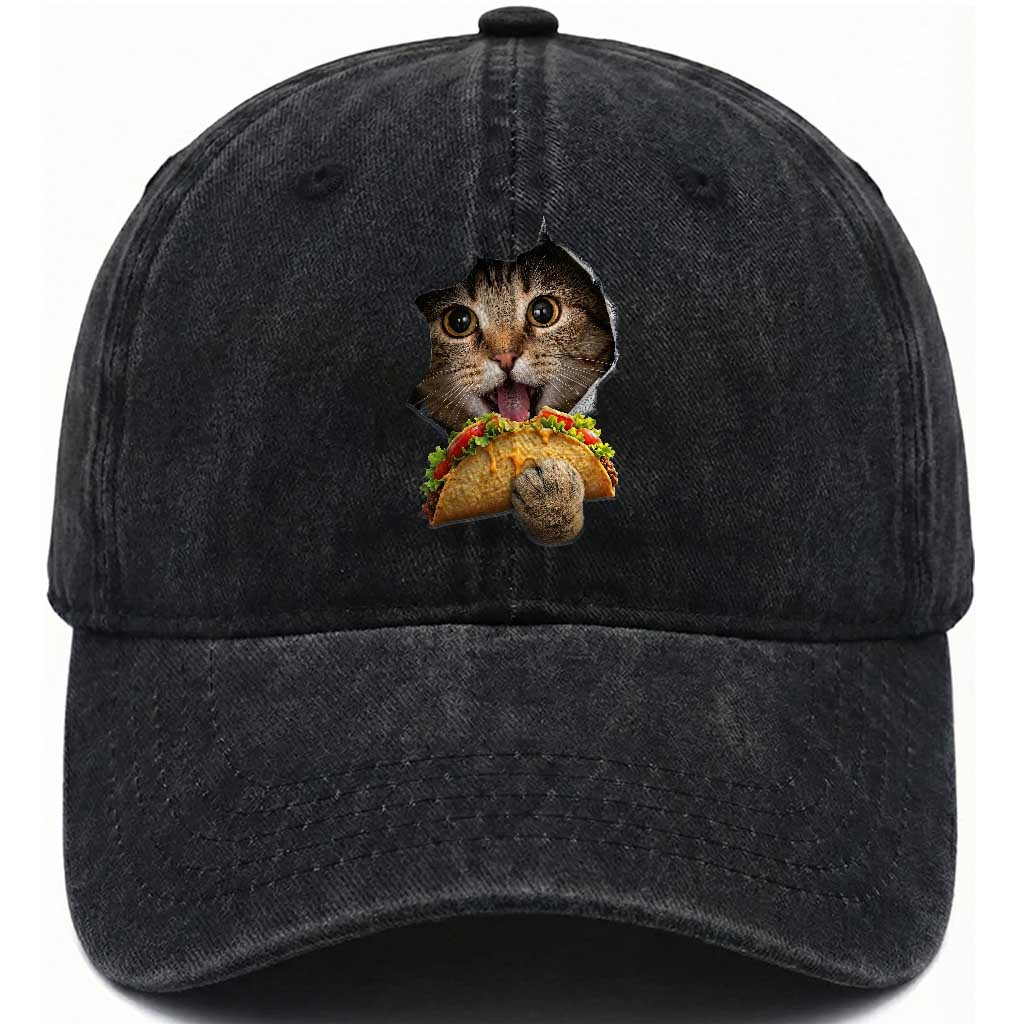 Funny Cat Eating Taco Washed Cotton Baseball Cap Mexican Food Lover Gift TS12 Print Your Wear