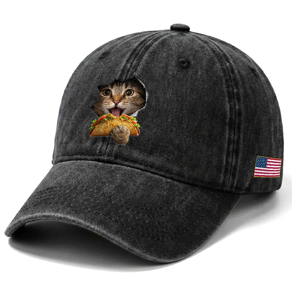 Funny Cat Eating Taco Washed Cotton Baseball Cap Mexican Food Lover Gift TS12 Print Your Wear