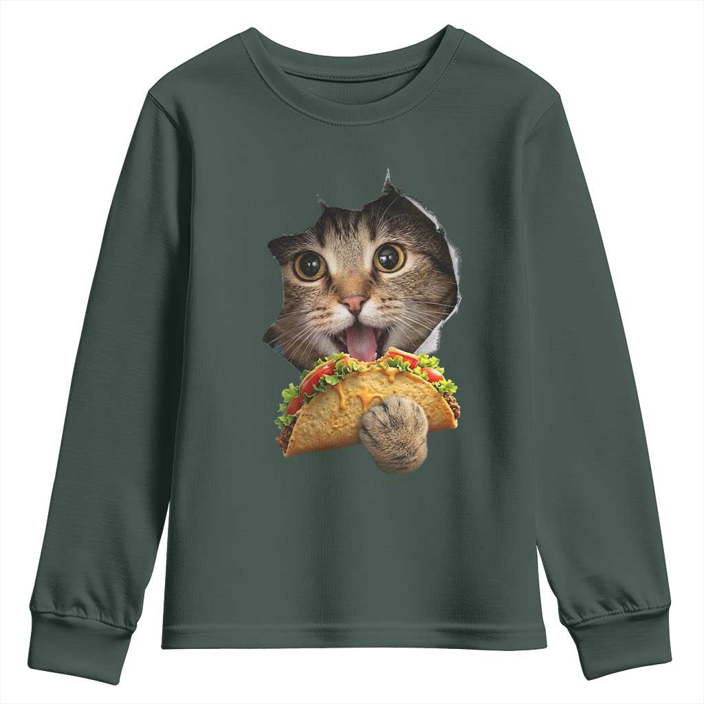 Funny Cat Eating Taco Youth Sweatshirt Mexican Food Lover Gift TS12 Dark Forest Green Print Your Wear