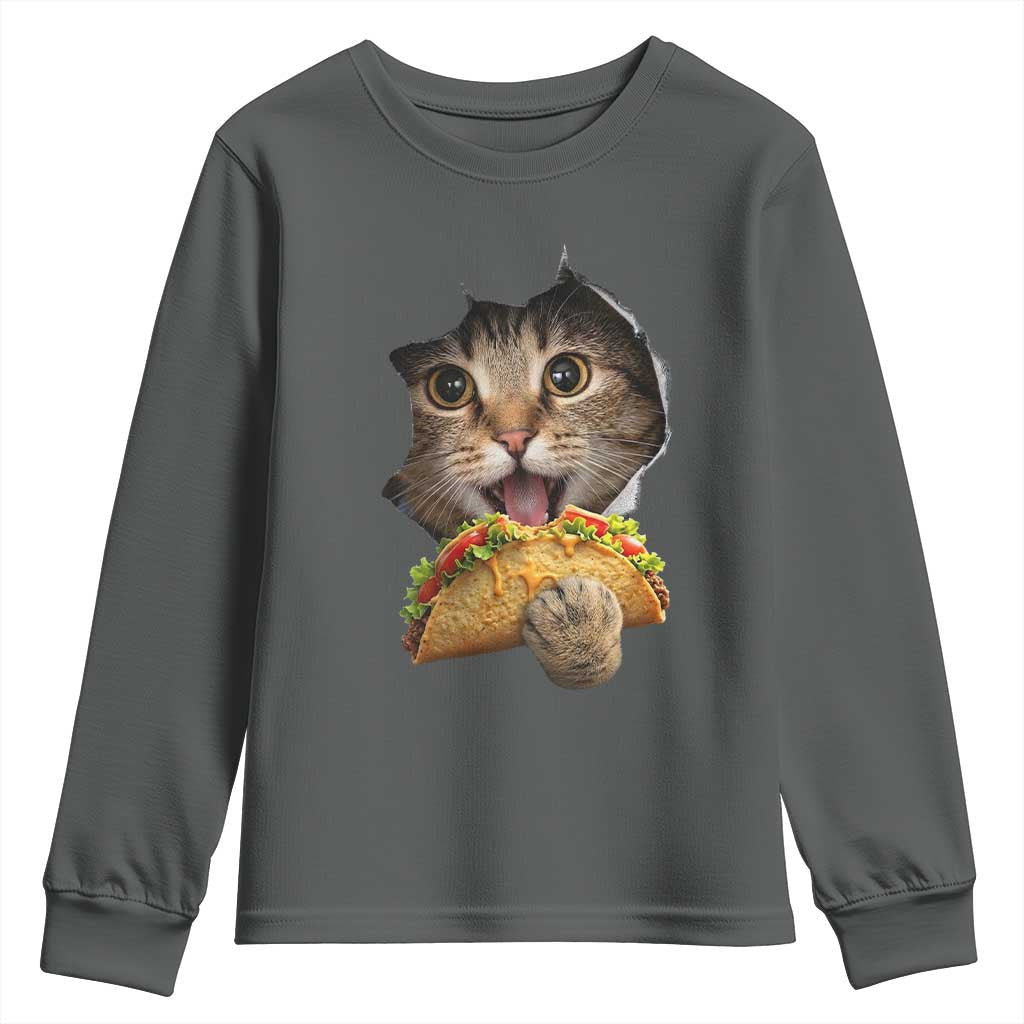 Funny Cat Eating Taco Youth Sweatshirt Mexican Food Lover Gift TS12 Dark Heather Print Your Wear