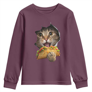 Funny Cat Eating Taco Youth Sweatshirt Mexican Food Lover Gift TS12 Maroon Print Your Wear