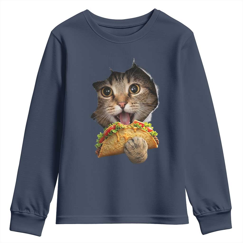 Funny Cat Eating Taco Youth Sweatshirt Mexican Food Lover Gift TS12 Navy Print Your Wear