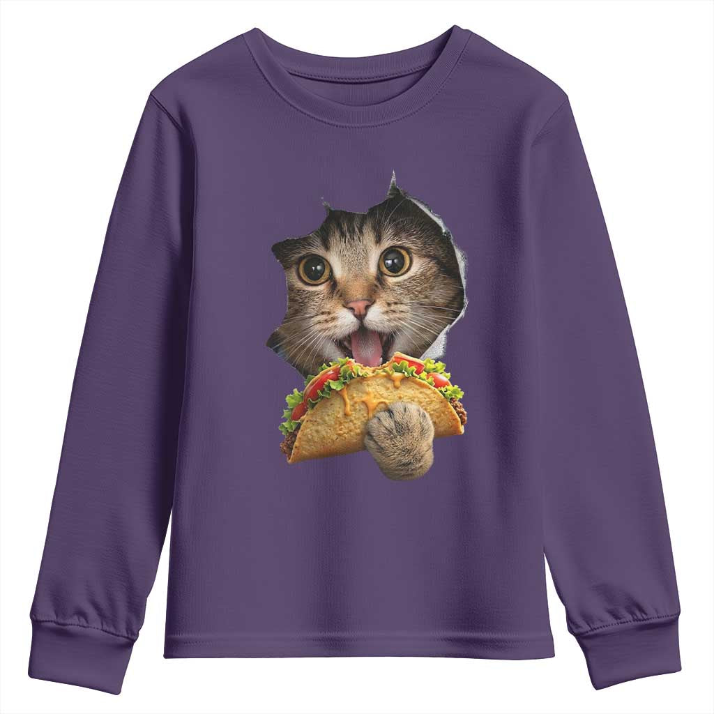Funny Cat Eating Taco Youth Sweatshirt Mexican Food Lover Gift TS12 Purple Print Your Wear