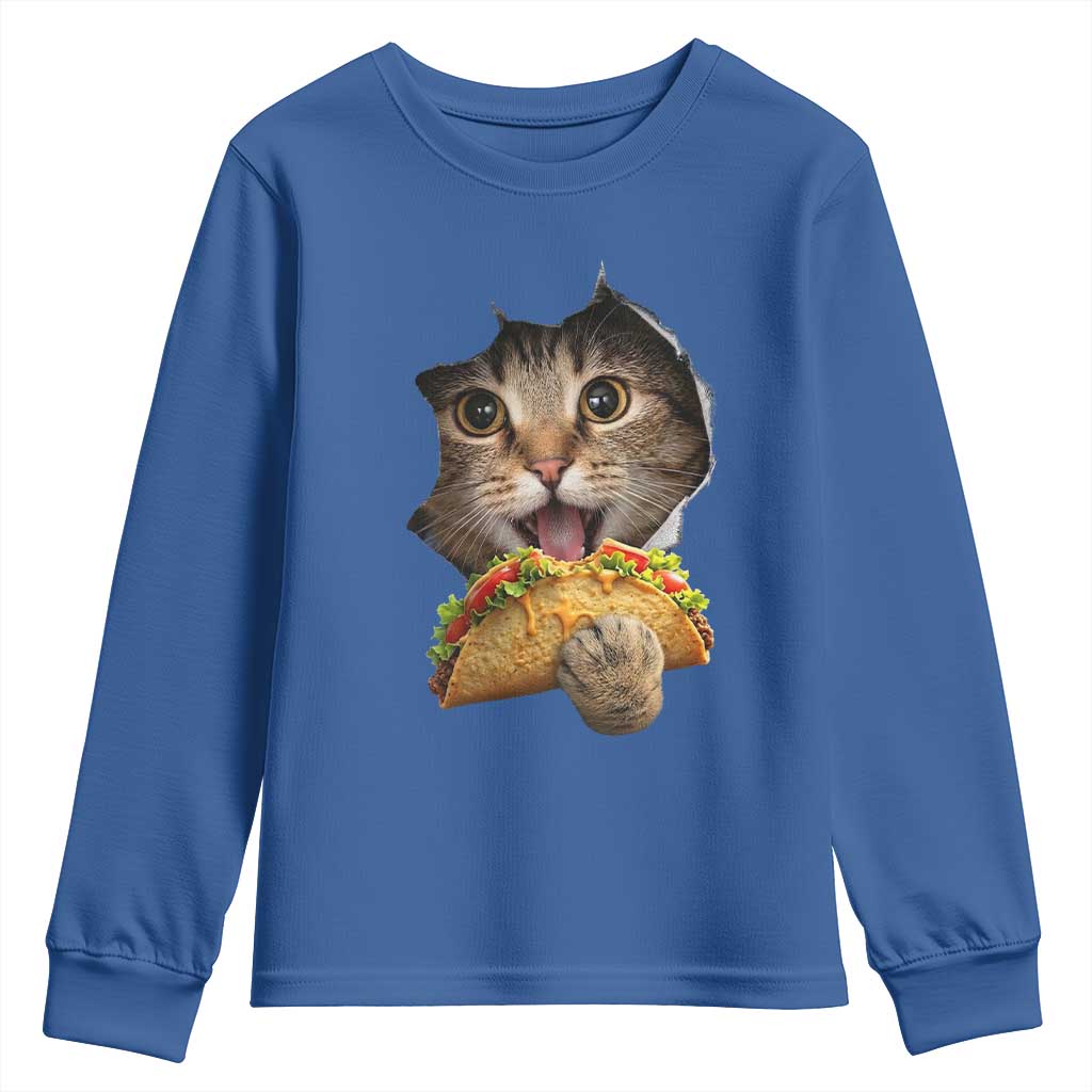 Funny Cat Eating Taco Youth Sweatshirt Mexican Food Lover Gift TS12 Royal Blue Print Your Wear