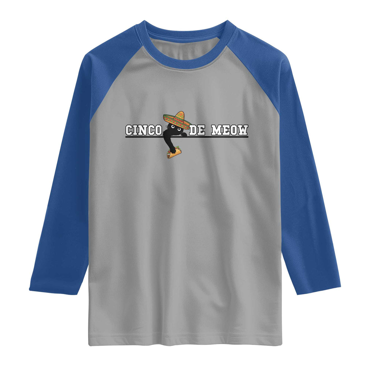 Funny Cinco De Meow Raglan Shirt Cute Black Cat Eating Taco TS12 Sport Gray Royal Print Your Wear
