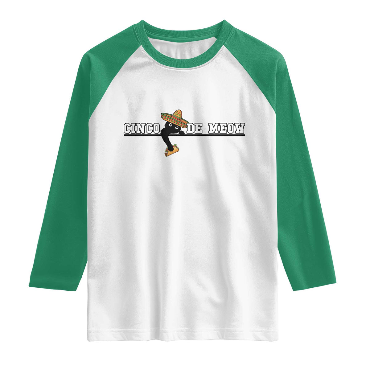 Funny Cinco De Meow Raglan Shirt Cute Black Cat Eating Taco TS12 White Kelly Green Print Your Wear
