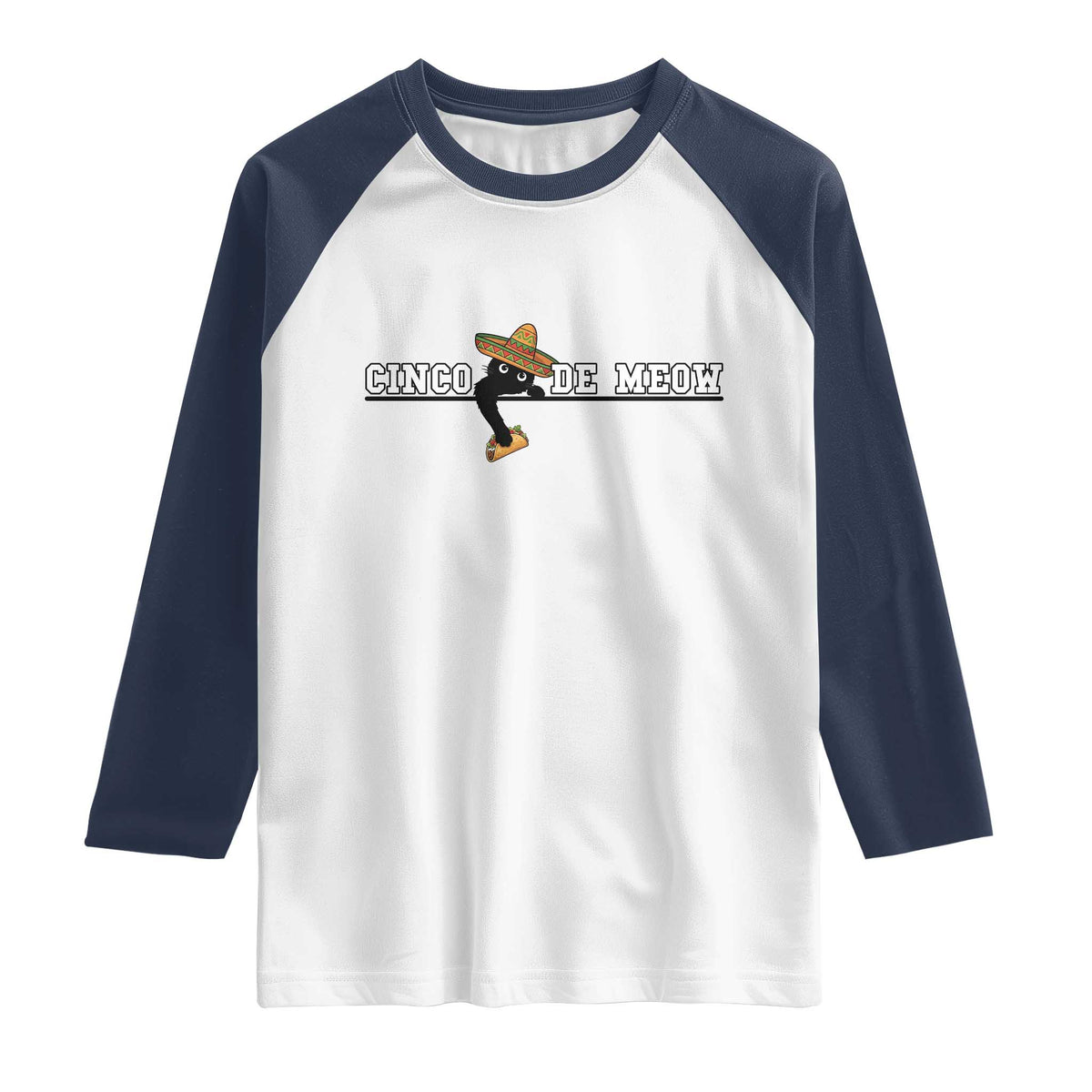 Funny Cinco De Meow Raglan Shirt Cute Black Cat Eating Taco TS12 White Navy Print Your Wear