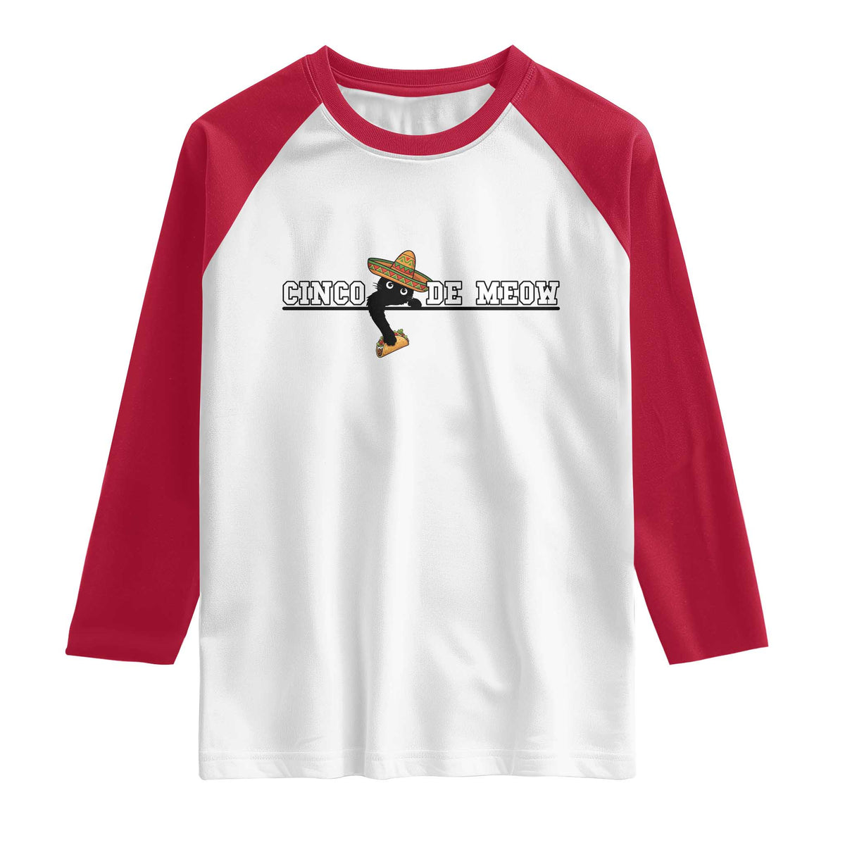 Funny Cinco De Meow Raglan Shirt Cute Black Cat Eating Taco TS12 White Red Print Your Wear