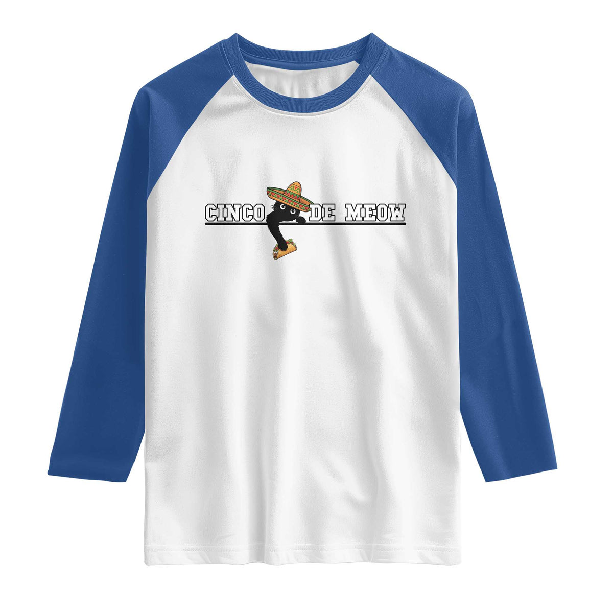 Funny Cinco De Meow Raglan Shirt Cute Black Cat Eating Taco TS12 White Royal Print Your Wear