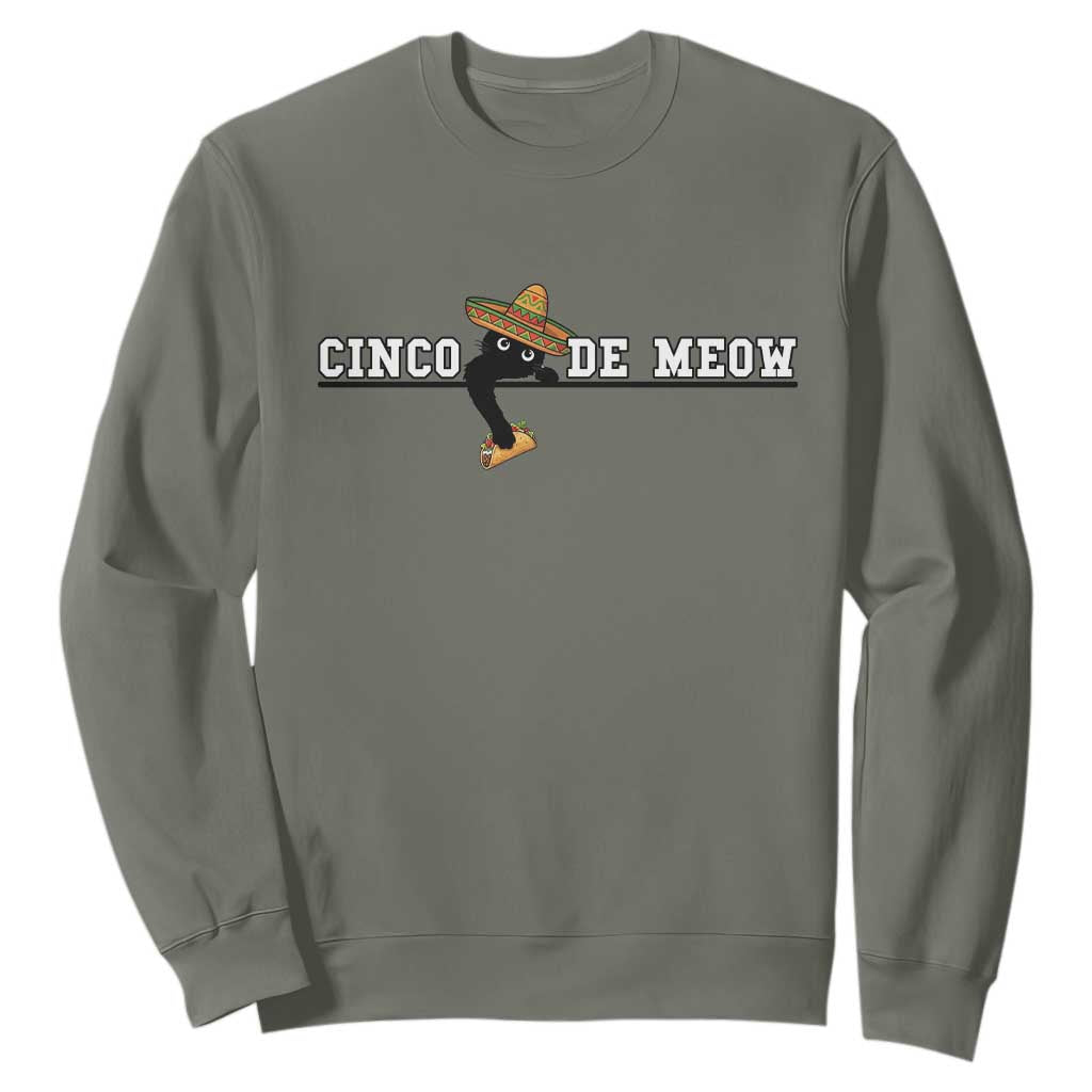 Funny Cinco De Meow Sweatshirt Cute Black Cat Eating Taco TS12 Military Green Print Your Wear