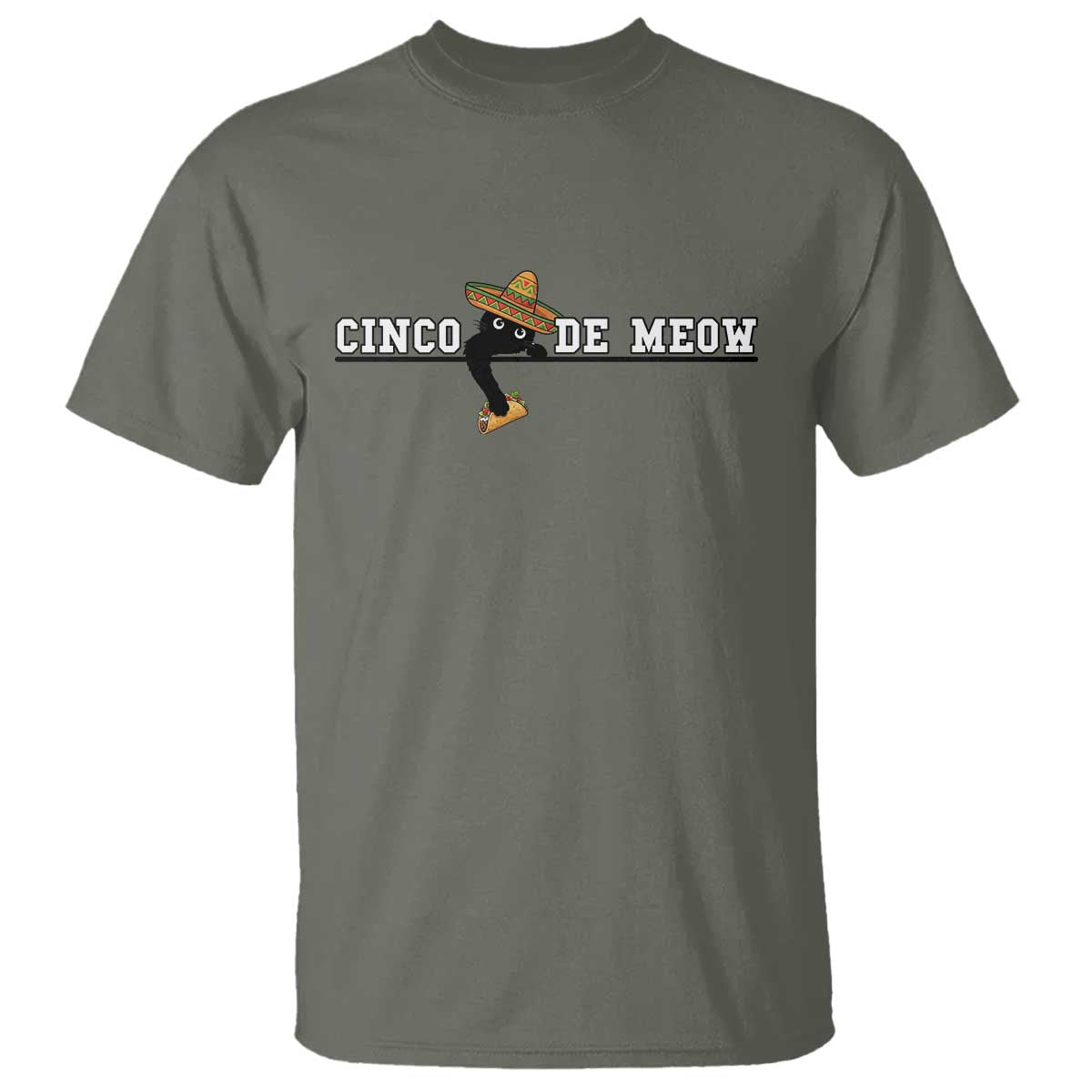 Funny Cinco De Meow T Shirt Cute Black Cat Eating Taco TS12 Military Green Print Your Wear
