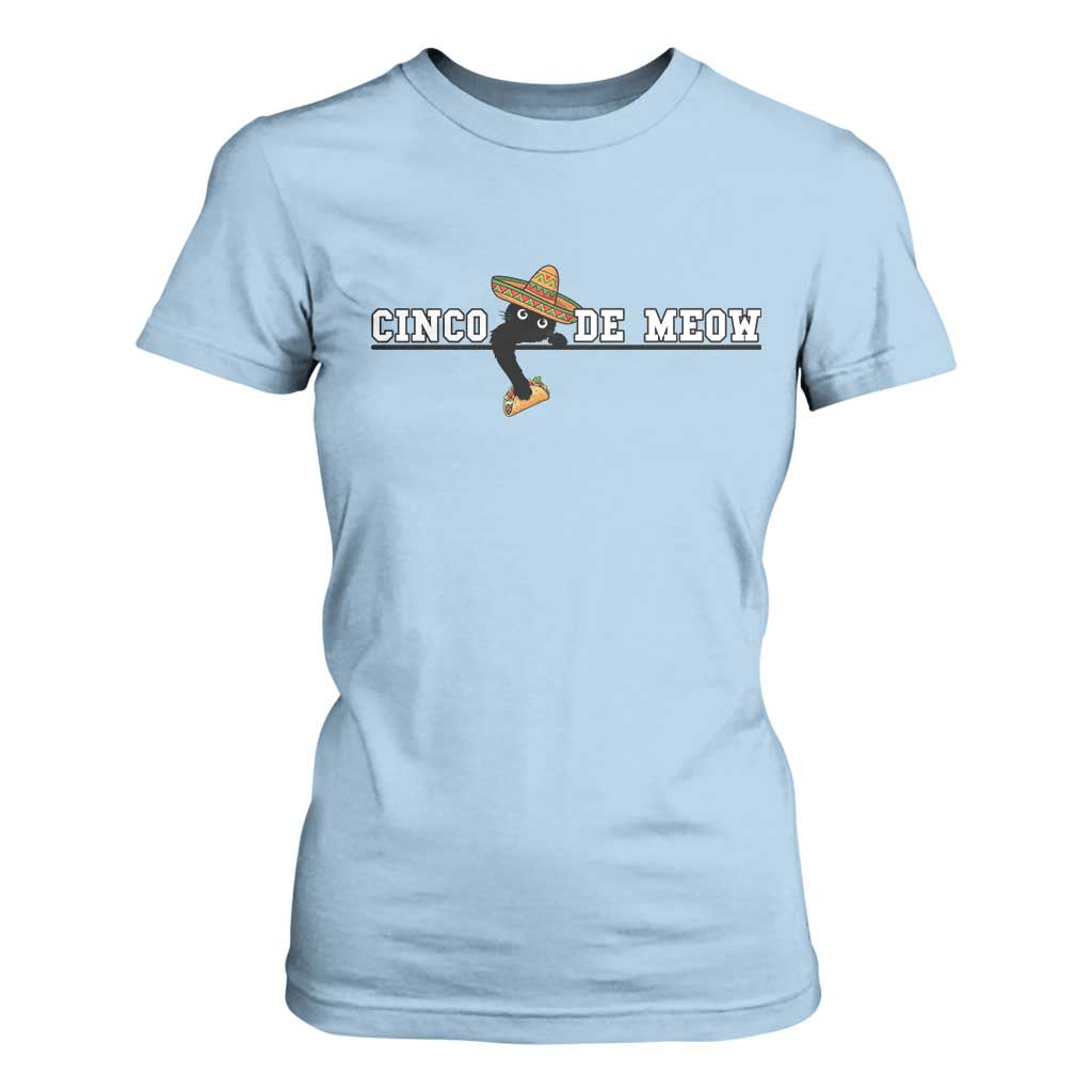 Funny Cinco De Meow T Shirt For Women Cute Black Cat Eating Taco TS12 Light Blue Print Your Wear