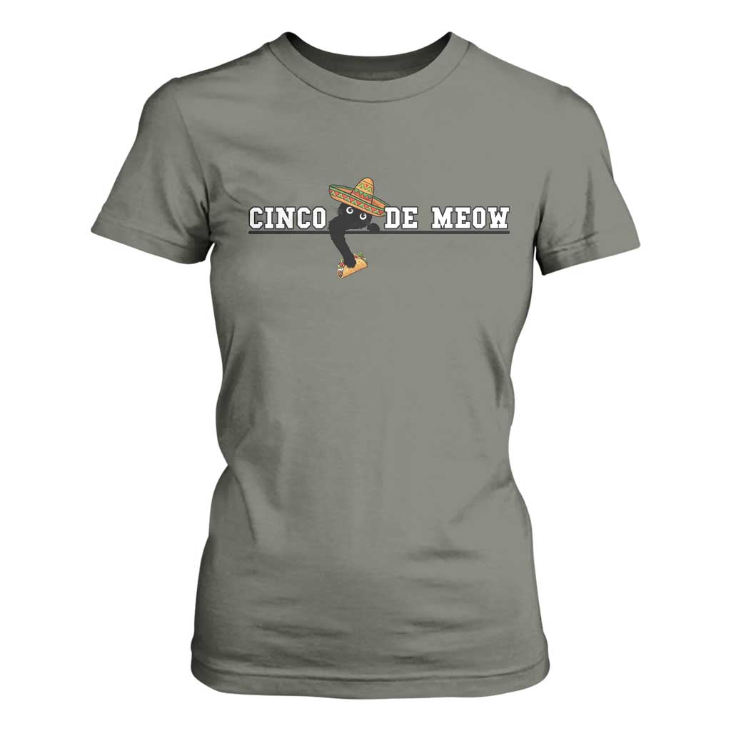 Funny Cinco De Meow T Shirt For Women Cute Black Cat Eating Taco TS12 Military Green Print Your Wear