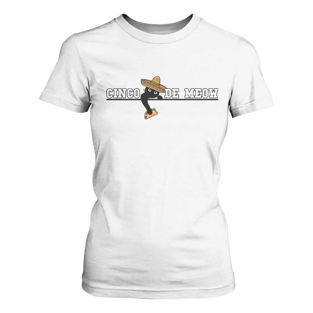 Funny Cinco De Meow T Shirt For Women Cute Black Cat Eating Taco TS12 White Print Your Wear