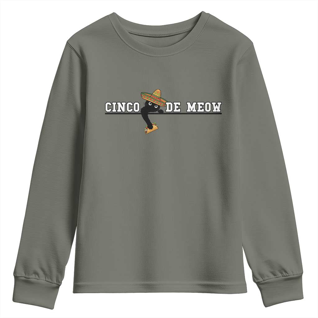 Funny Cinco De Meow Youth Sweatshirt Cute Black Cat Eating Taco TS12 Military Green Print Your Wear