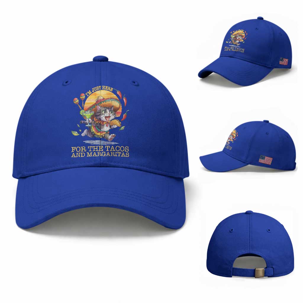 Funny Cinco De Mayo Cat Baseball Cap Just Here For The Tacos And Margaritas TS12 Baseball Cap Universal Fit Royal Blue Print Your Wear