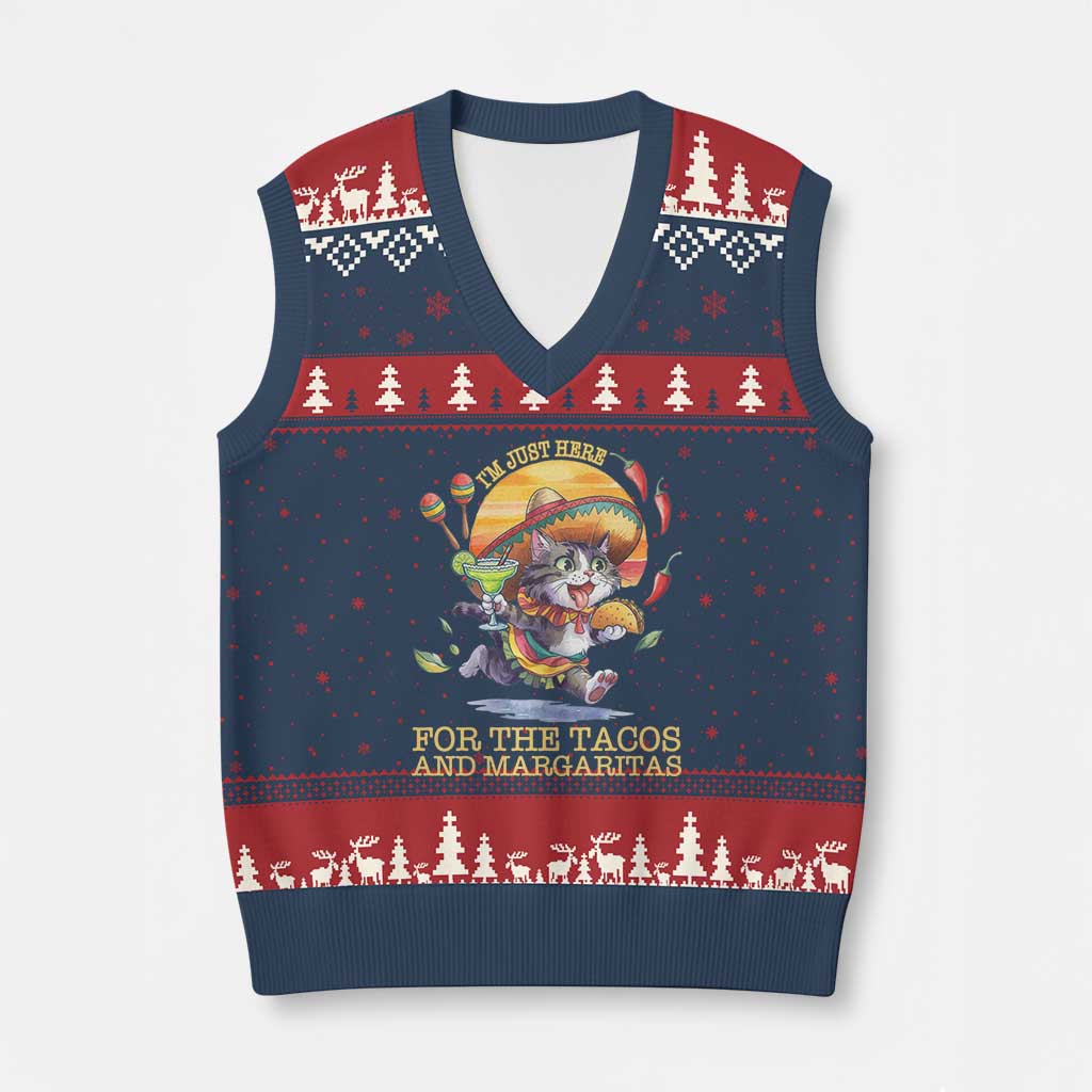 Funny Cinco De Mayo Cat V-Neck Knit Sweater Vest Just Here For The Tacos And Margaritas TS12 Navy Red Print Your Wear