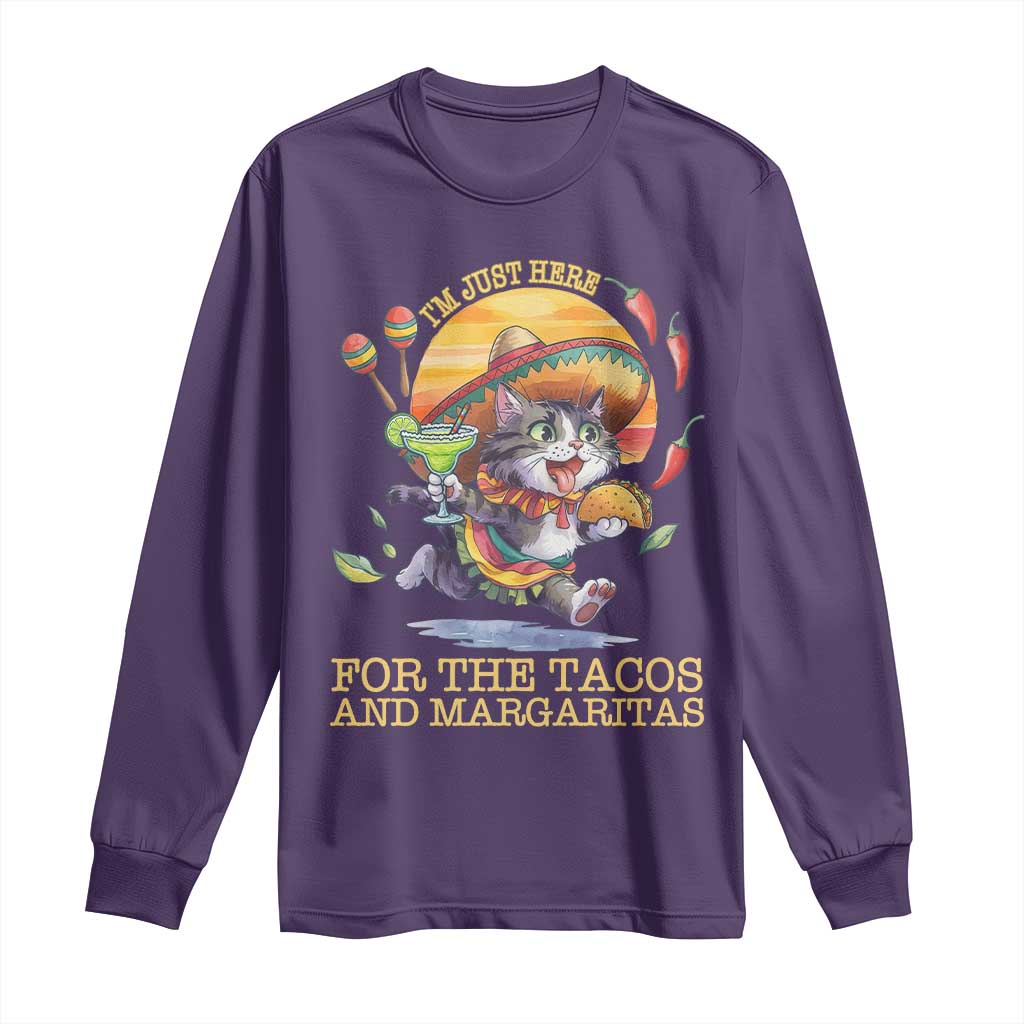 Funny Cinco De Mayo Cat Long Sleeve Shirt Just Here For The Tacos And Margaritas TS12 Purple Print Your Wear
